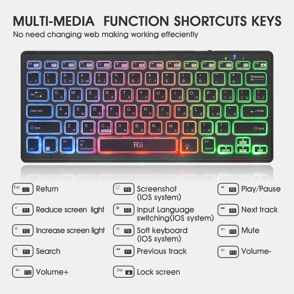 Neat Bluetooth 5.0 Wireless Multiple Color Rainbow LED Backlit Keyboard With Rechargeable Battery For iOS Android and MacBook