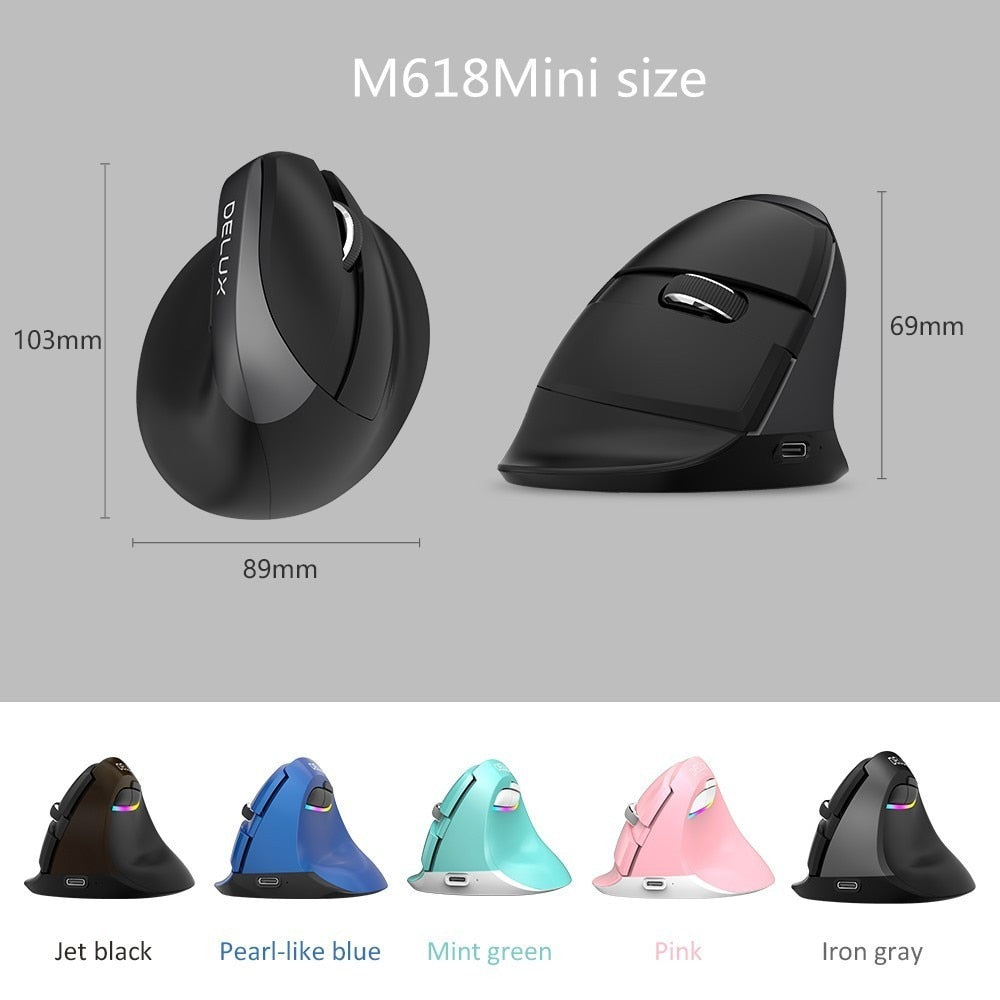 Delux M618 Mini BT+USB Wireless Mouse Silent Click RGB Ergonomic Rechargeable