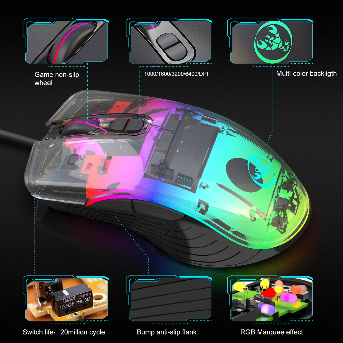 RGB Light 3200DPI Macro Programmable 7 Button Optical USB Wired Mouse