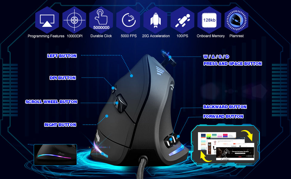 ZELOTES Vertical Gaming Mouse Wired RGB Ergonomic USB Optics Mouse Programmable Laser Mice 10000 DPI For Gamer Joysticks C18