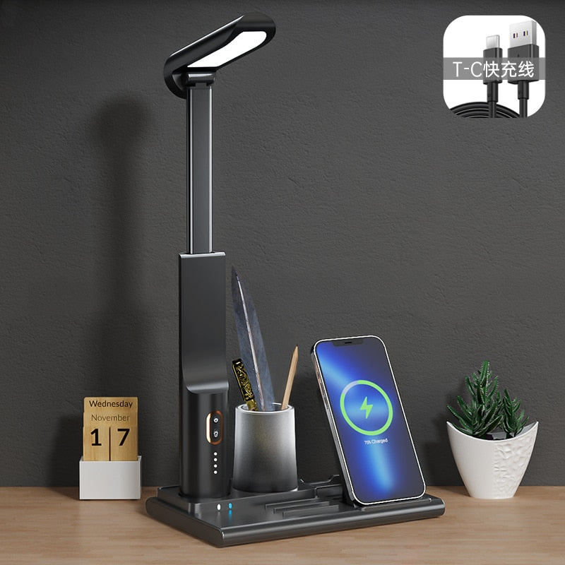 QI Wireless Charging LED Table Lamp,15W Eye Protection Folding Desk Lamp with Pen Holder Touch Control