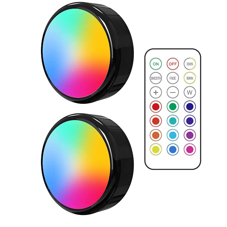 2/5/10 Pack Battery Powered RGB Led Under Cabinet Light Puck Lights with Remote