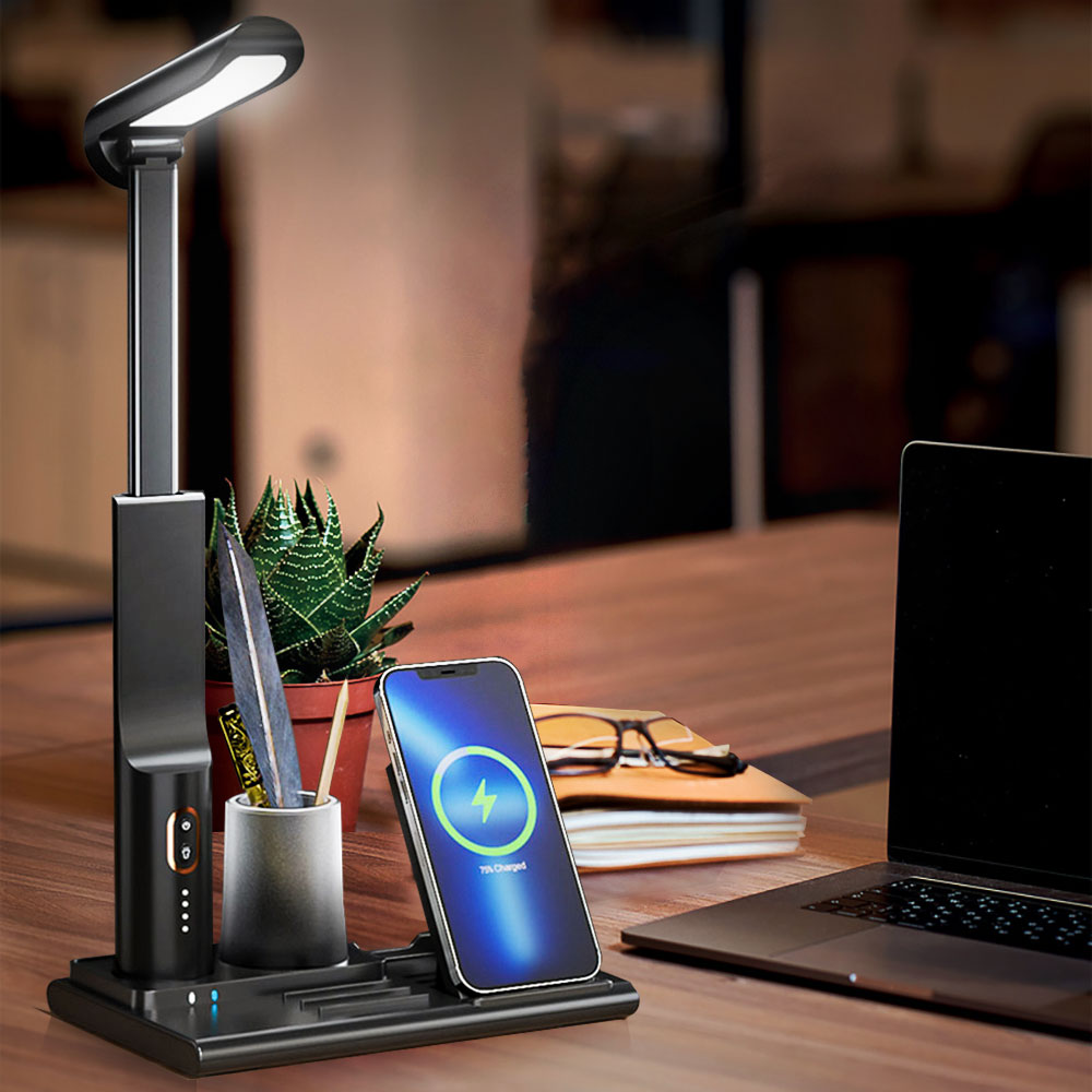 QI Wireless Charging LED Table Lamp,15W Eye Protection Folding Desk Lamp with Pen Holder Touch Control